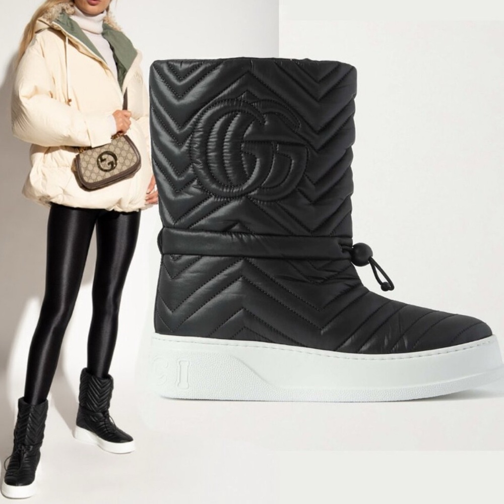 GUCCI BOOTS GG LOGO QUILTED BLACK NYLON RUBBER SOLE sz IT 39.5 US 9.5
